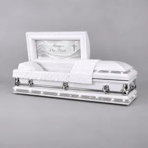 Rhinestone Royalty Custom Casket with white exterior, silver rhinestone trim, silver hardware and white interior