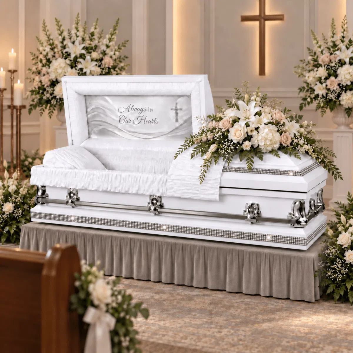 Rhinestone Royalty Custom Casket Funeral Display Rhinestone Royalty Custom Casket displayed at funeral with white and blush floral casket spray