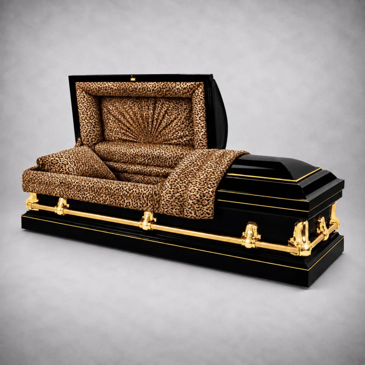 Leopard print casket with glossy black exterior, gold hardware and luxury leopard interior