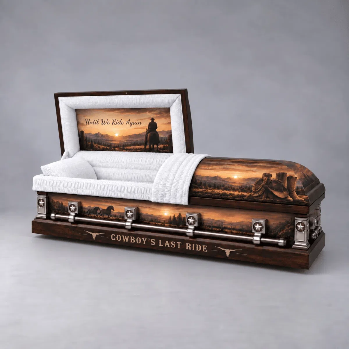 Cowboy’s Last Ride custom western casket with dark espresso wood finish, white interior, silver hardware and cowboy memorial head panel