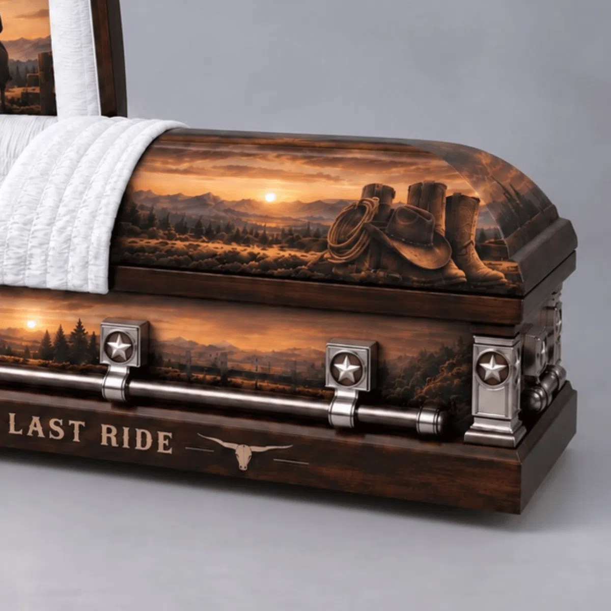 Cowboy Boots Hat and Rope Casket Detail Western casket detail featuring cowboy boots, hat and rope against mountain scenery