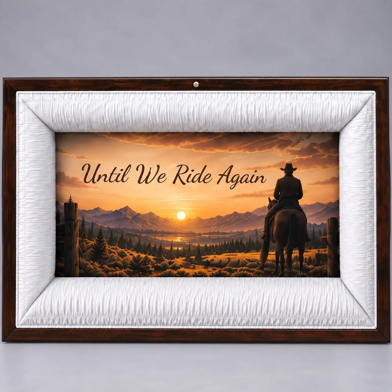 cowboy.headpanel Custom western casket head panel with cowboy riding toward mountains and Until We Ride Again memorial saying