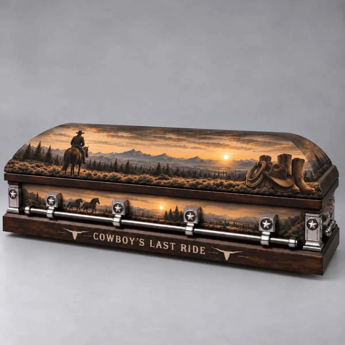 Cowboy’s Last Ride Custom Western Casket – Closed Closed Cowboy’s Last Ride custom western casket with cowboy, boots, hat, horses and mountain landscape